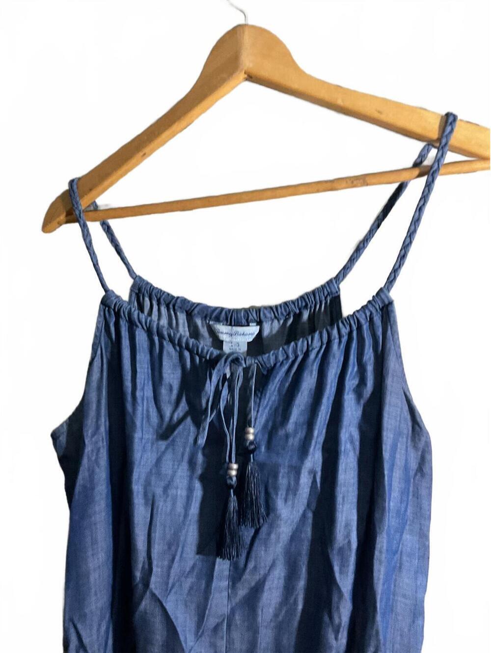 Tommy Bahama Blue Chambray Dress with Embroidered Asymmetrical Hem Large - Picture 3 of 12